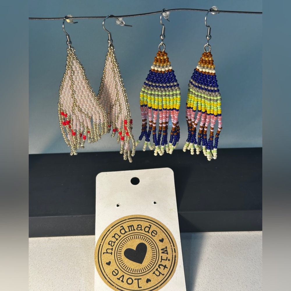 Set of 2 Pairs Indigenous Handmade Beaded Fringe Earrings - Multicolor